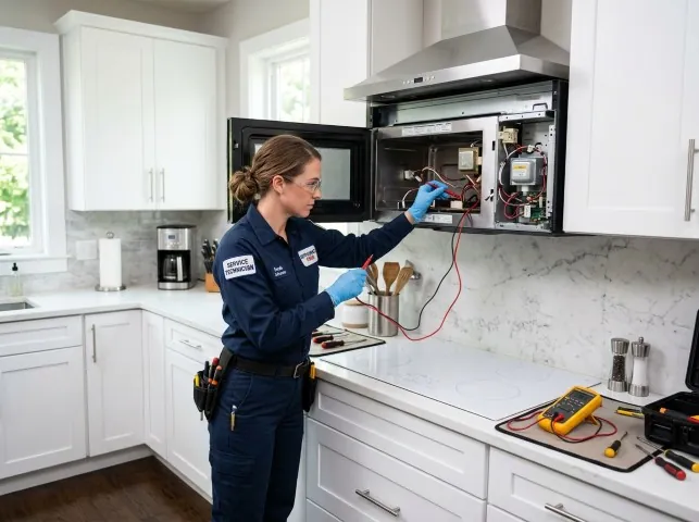 Appliance Repair Hero technician testing an over-the-range microwave in a Brightwood, VA kitchen